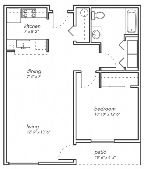 Floor plan for 1 bed, 1 bath, 661 sqft